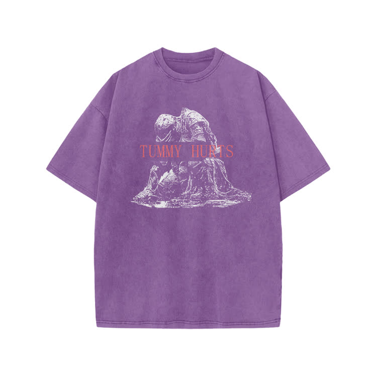 Tummy Hurts Print Acid Washed T-shirt - Purple - US20-22(3XL) - image 6