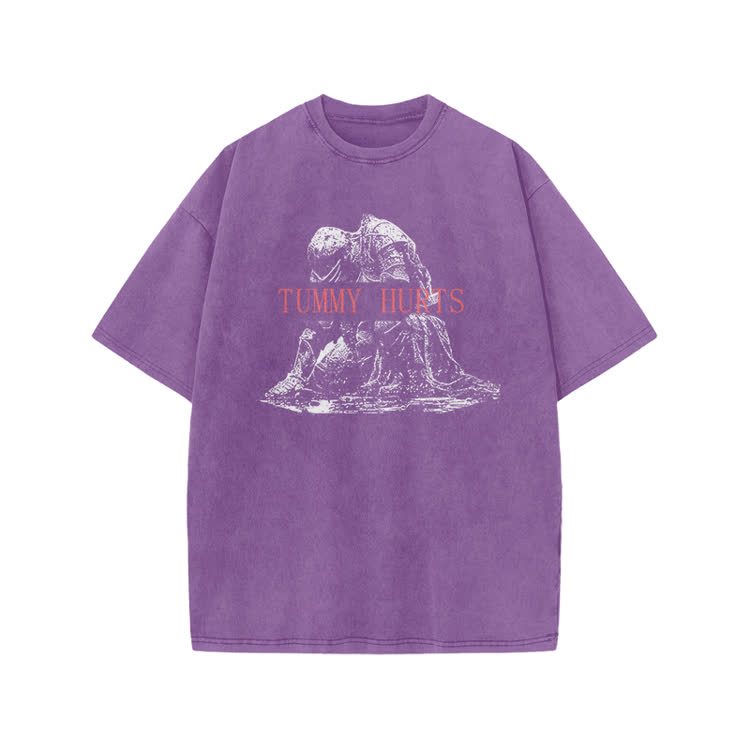 Tummy Hurts Print Acid Washed T-shirt - Purple - US20-22(3XL) - image 6