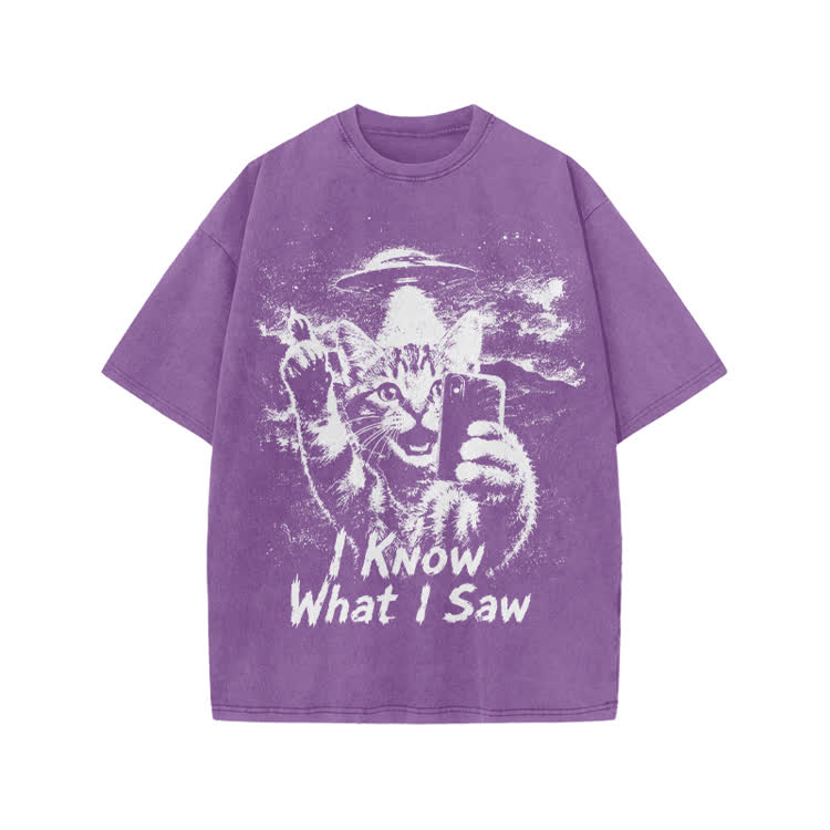 Casual I Know What I Saw Cat UFO Graphic Washed T-Shirt - Purple - US20-22(3XL) - image 7