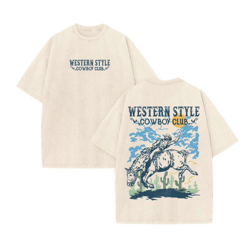 Unisex 100% Cotton Western Style Print Acid Washed T-shirt