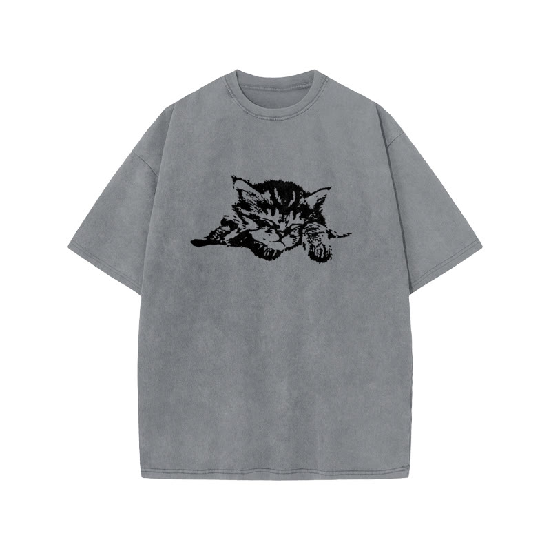Unisex 100% Cotton Quiet Sleeping Cat Print Acid Washed T-shirt - Grey - US20-22(3XL) - image 4