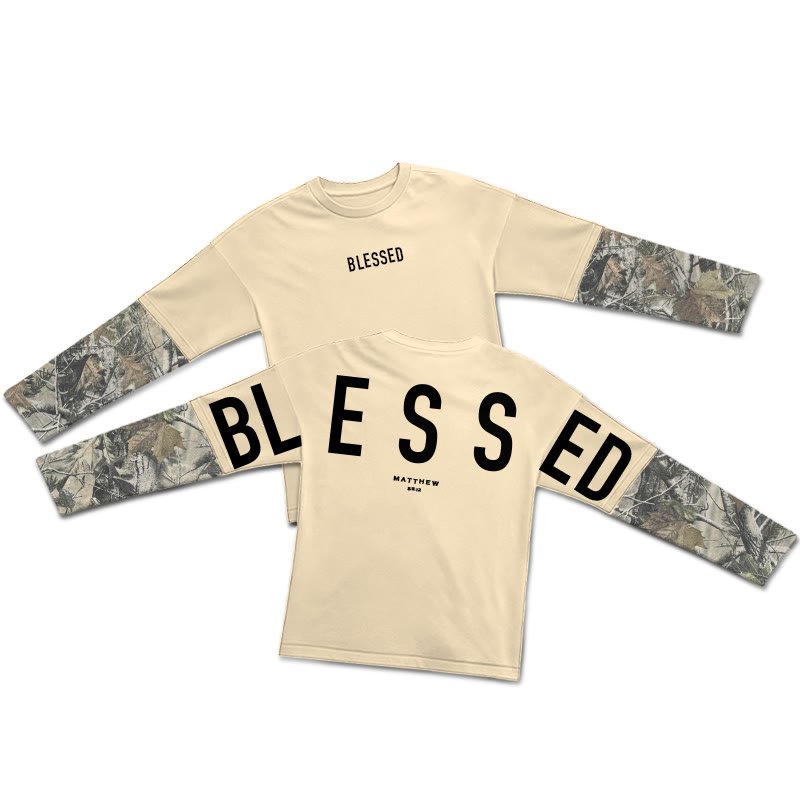 Blessed Matthew 5:3-12 Dead Leaves Camouflage Patchwork Print Layered-style T-shirt - Apricot - 5XL - image 4