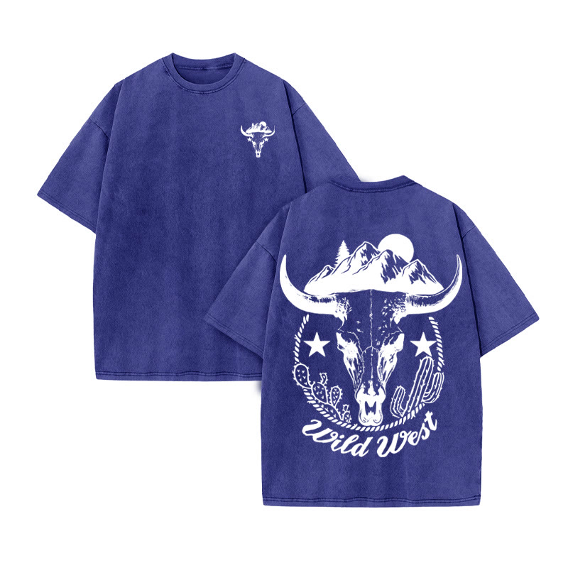 Unisex 100% Cotton WILD WESTERN Western Style Print Acid Washed T-shirt