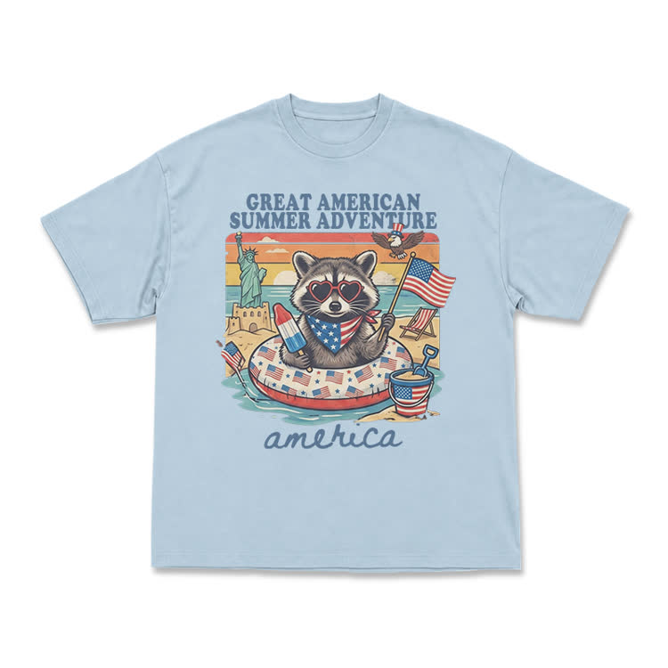 Vintage American Summer Adventure Raccoon Graphic T-Shirt - Light Blue - US16-18(2XL) - image 8