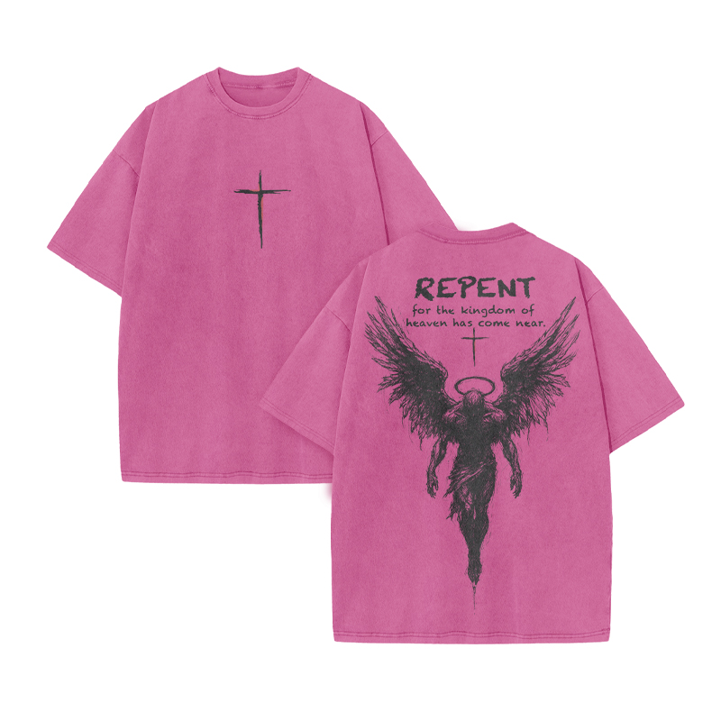 Repent For The Kingdom Of Heaven Has Come Near Print Acid Washed T-shirt - Pink - US20-22(3XL) - image 10
