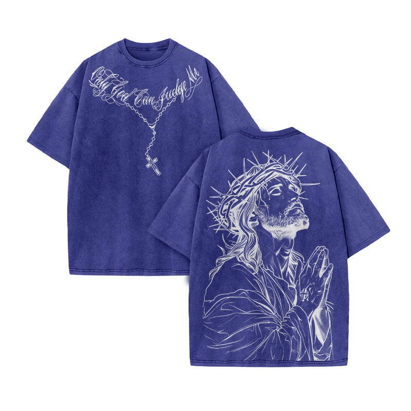 Unisex 100% Cotton Only God Can Judge Me Print Acid Washed T-shirt - Blue - US20-22(3XL) - image 10