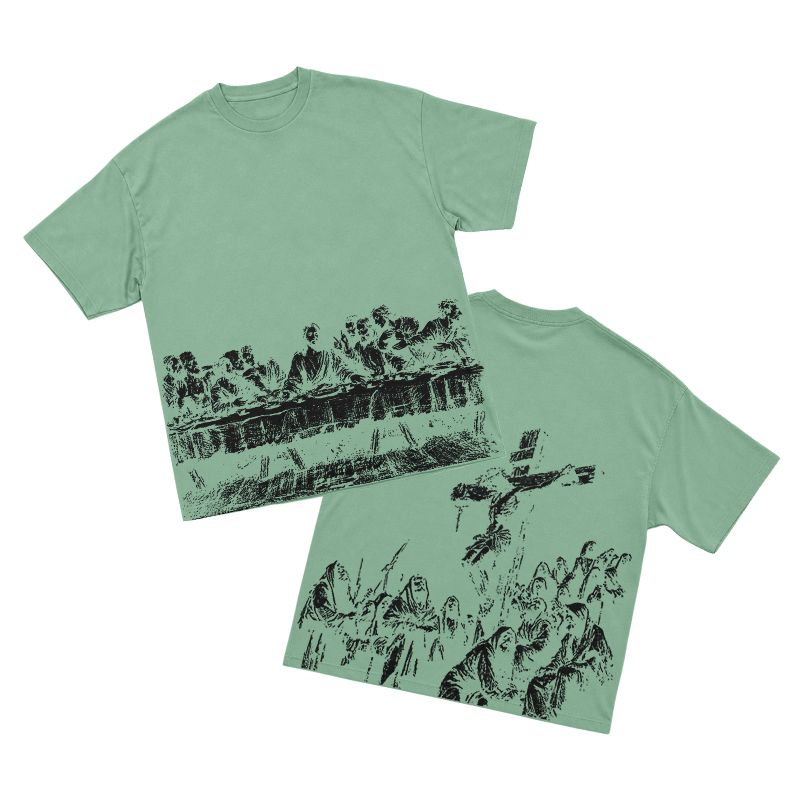 Vintage Artful Ink Wash Style Character Illustration Graphic T-shirt - Light Green - US16-18(2XL) - image 11