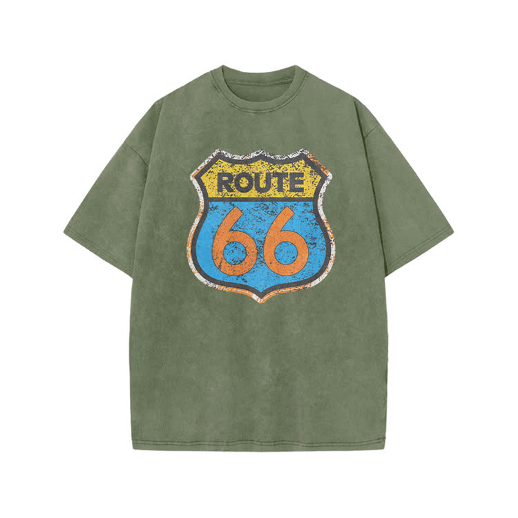 Vintage Route 66 Distressed Graphic Print Acid Washed T-shirt - Army Green - US20-22(3XL) - image 3