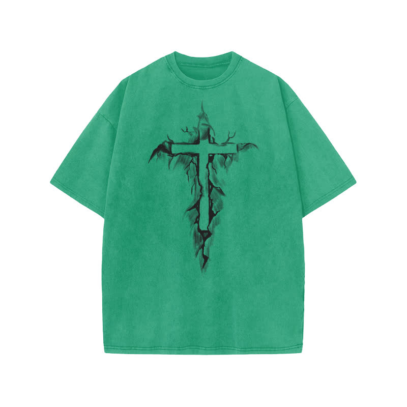 Unisex 100% Cotton Cross In The Crack Print Acid Washed T-shirt - Green - US20-22(3XL) - image 6