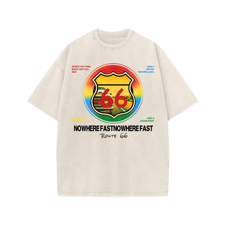Vintage Street Route 66 Nowhere Fast Print Acid Washed T-shirt - Beige - US20-22(3XL) - image 5