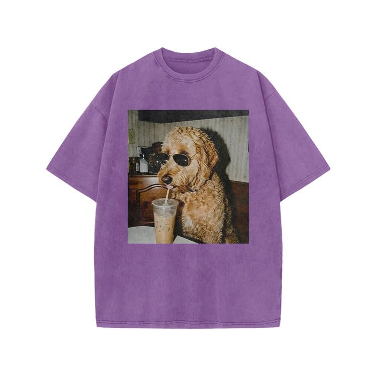 Playful Dog Photo Print Acid Washed T-shirt - Purple - US20-22(3XL) - image 4