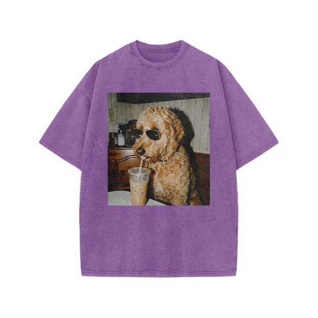 Playful Dog Photo Print Acid Washed T-shirt - Purple - US20-22(3XL) - image 4