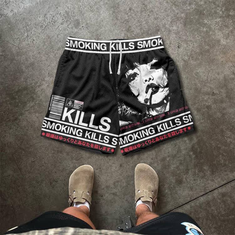 Smoking Kills Retro Manga Style Print Mesh Shorts - Black - 5XL - image 3