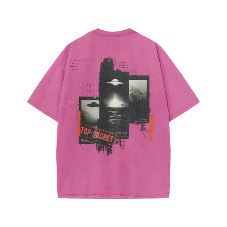 Retro Sci Fi Top Secret Back Graphic Print Acid Washed T-Shirt - Pink - US20-22(3XL) - image 9