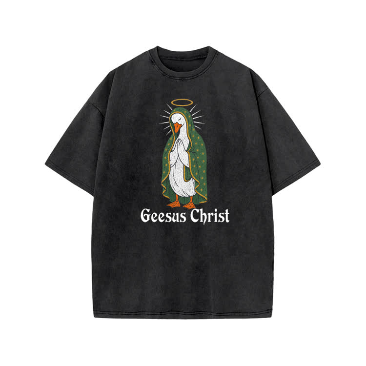 Geesus Christ Halo Goose Graphic Print Acid Washed T-shirt - Black - US20-22(3XL) - image 4