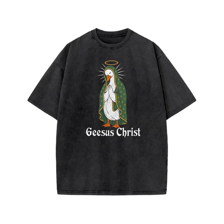 Geesus Christ Halo Goose Graphic Print Acid Washed T-shirt - Black - US20-22(3XL) - image 4