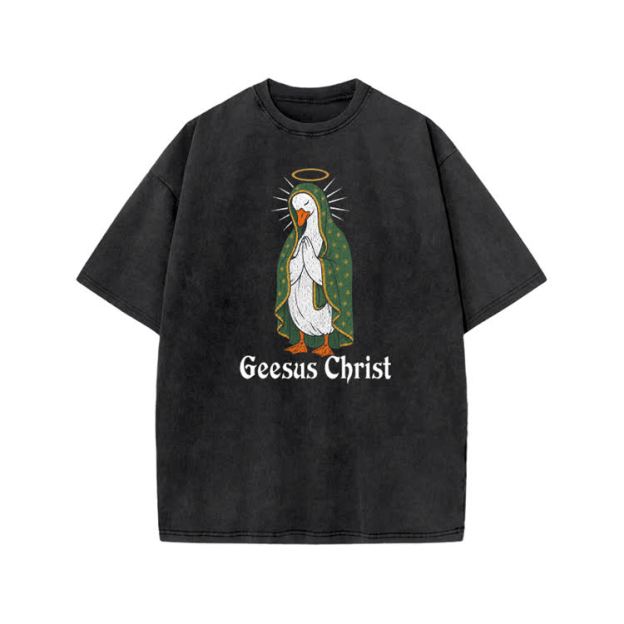 Geesus Christ Halo Goose Graphic Print Acid Washed T-shirt - Black - US20-22(3XL) - image 4