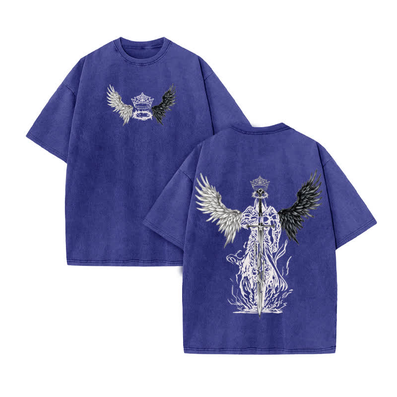 Unisex 100% Cotton Holy Blade Print Acid Washed T-shirt - Blue - US20-22(3XL) - image 10