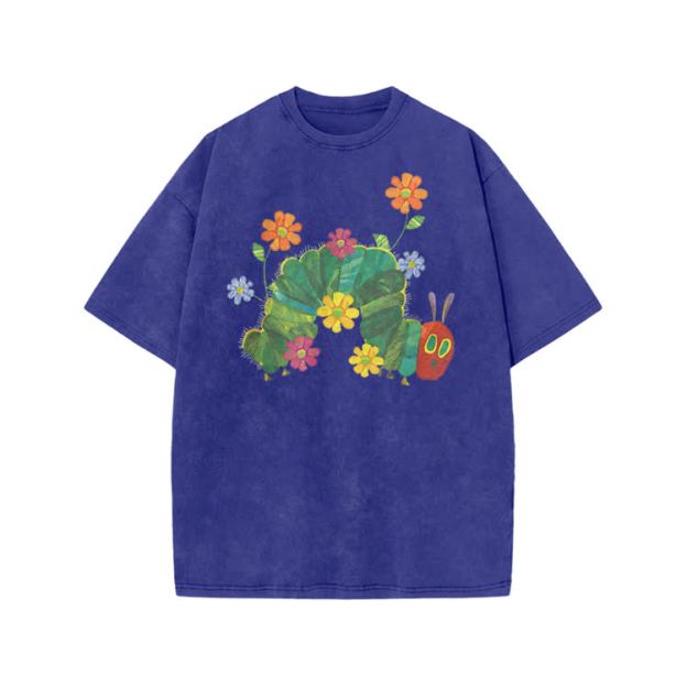 Playful Cartoon Floral Graphic Print Acid Washed T-Shirt - Blue - US20-22(3XL) - image 4