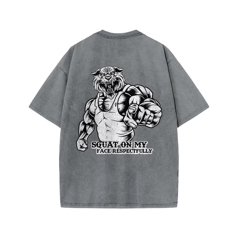 100% Cotton Squat On My Face Respectfully Gym Print Acid Washed T-shirt - Grey - US20-22(3XL) - image 5
