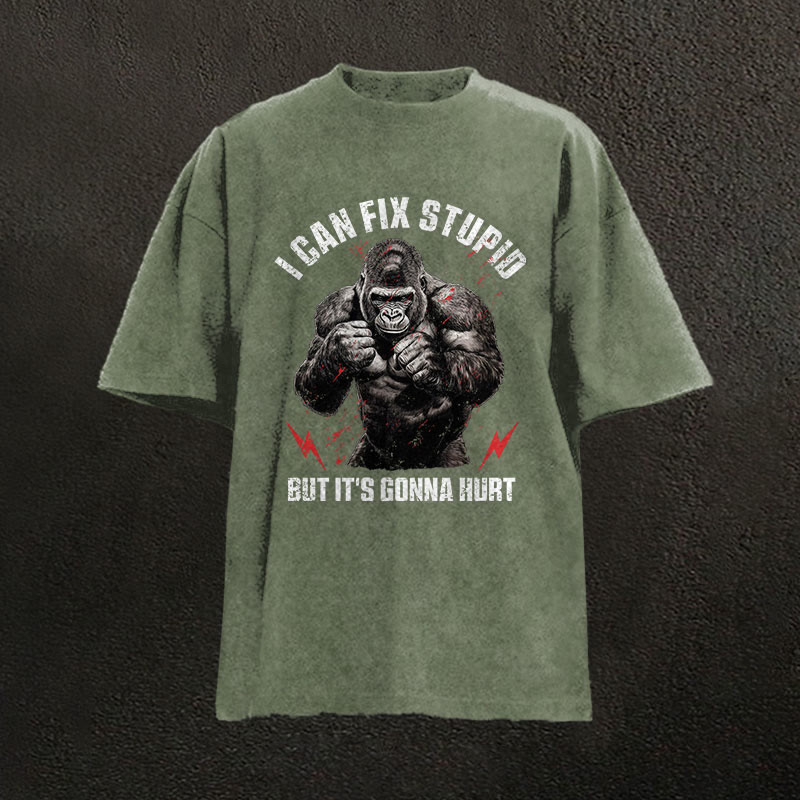 100% Cotton I Can Fix Stupid Gym Print Acid Washed T-shirt - Army Green - US20-22(3XL) - image 4
