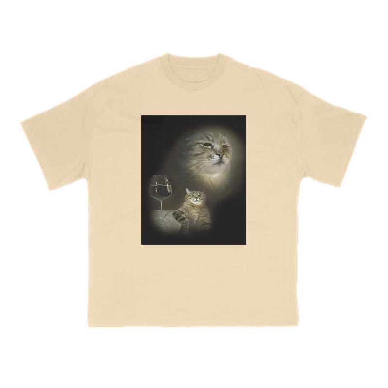Unisex 100% Cotton Cat And Wine Print T-shirt - Apricot - US20-22(3XL) - image 5