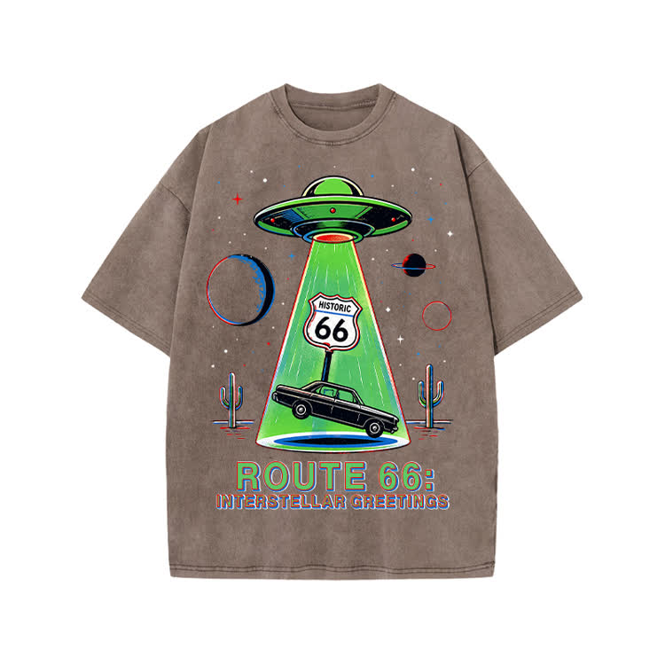 Retro Route 66 Interstellar Greetings Graphic Print Acid Washed T-shirt - Coffee - US20-22(3XL) - image 7