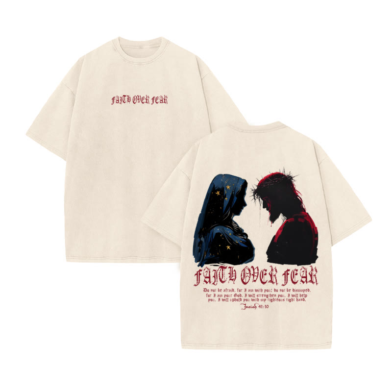 Unisex 100% Cotton FAITH OVER FEAR Print Acid Washed T-shirt