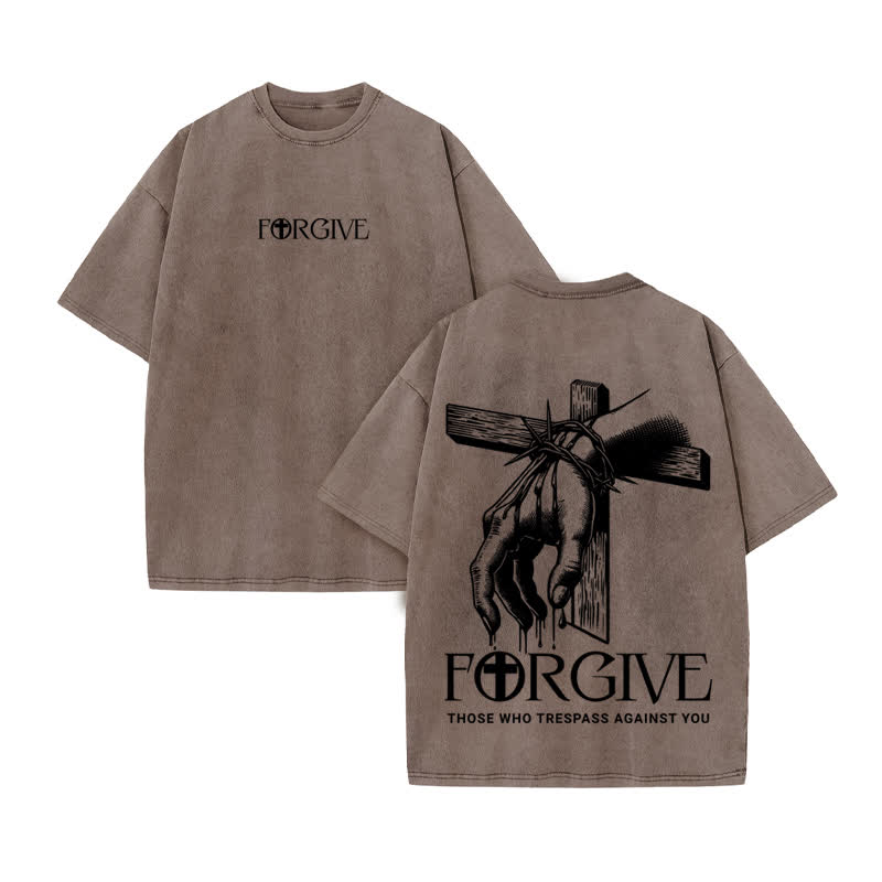 Unisex 100% Cotton Forgive Print Acid Washed T-shirt - Coffee - US20-22(3XL) - image 4