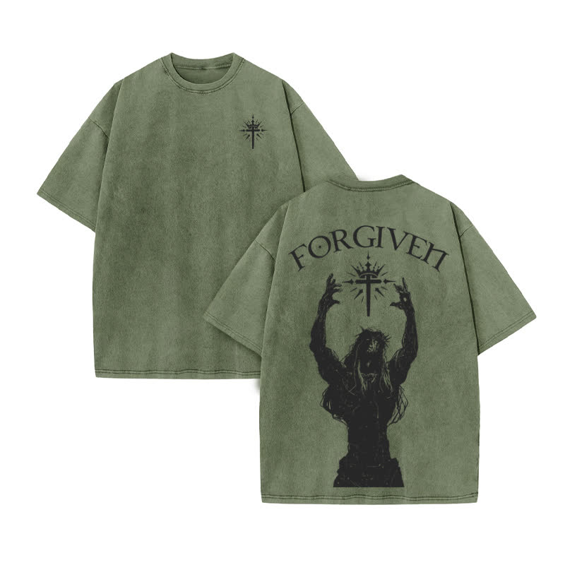 Unisex Forgiven Print Acid Washed T-shirt - Army Green - US20-22(3XL) - image 6