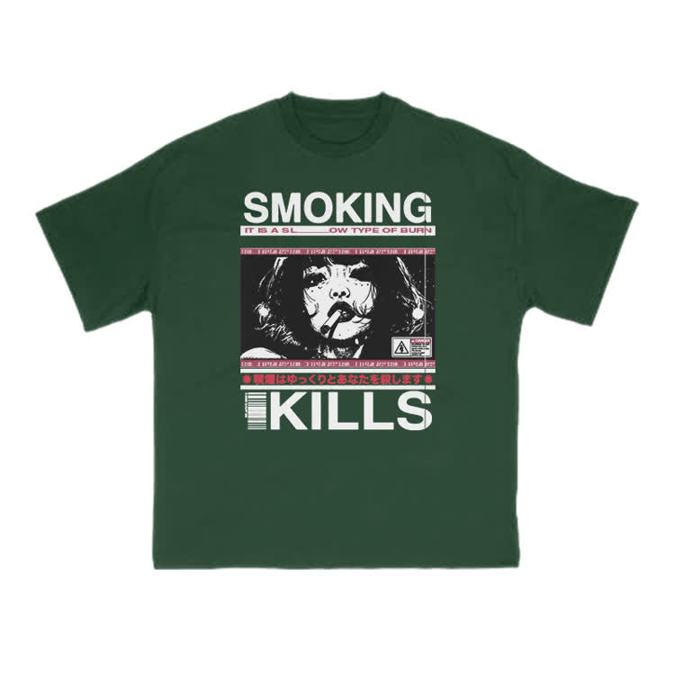 Smoking Kills Retro Manga Style Graphic Print T-Shirt - Green - US16-18(2XL) - image 8