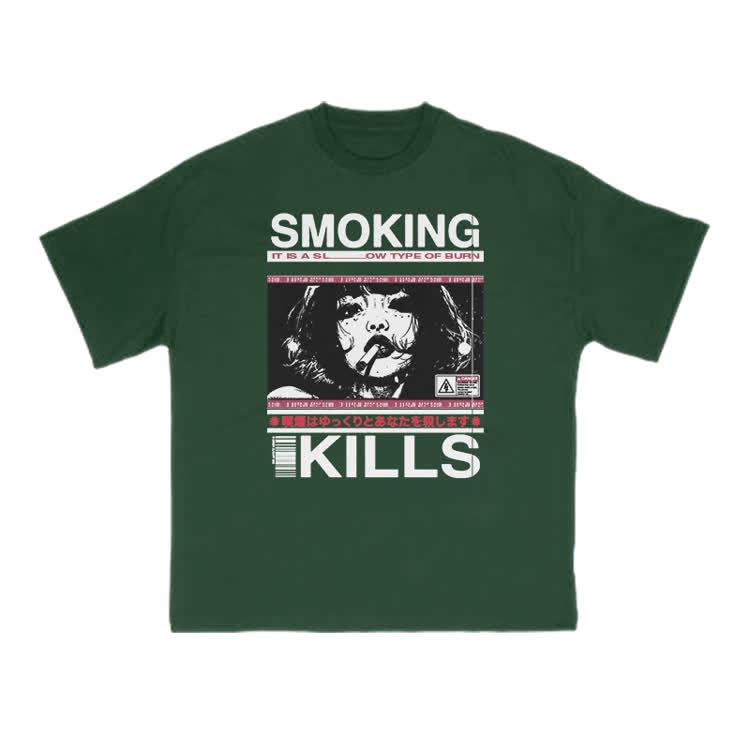 Smoking Kills Retro Manga Style Graphic Print T-Shirt - Green - US16-18(2XL) - image 8