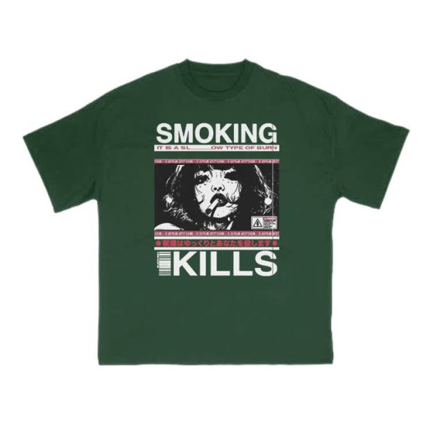 Smoking Kills Retro Manga Style Graphic Print T-Shirt - Green - US16-18(2XL) - image 8