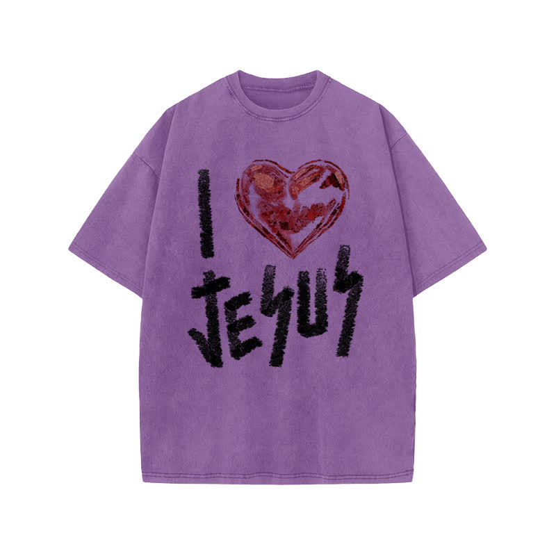 Unisex 100% Cotton I Love Jesus Print Acid Washed T-shirt - Purple - US20-22(3XL) - image 9