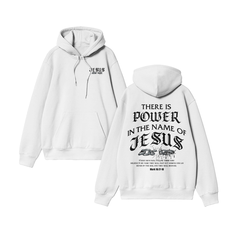 Unisex There Is Power In The Name Of Jesus Mark 16:17-18 Print Hoodie - White - US16-18(2XL) - image 3