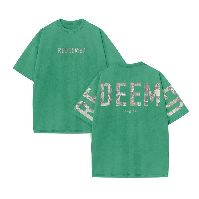 Redeemed Galatians 2:20 Dead Leaves Camouflage Print Acid Washed T-shirt - Green - US20-22(3XL) - image 7