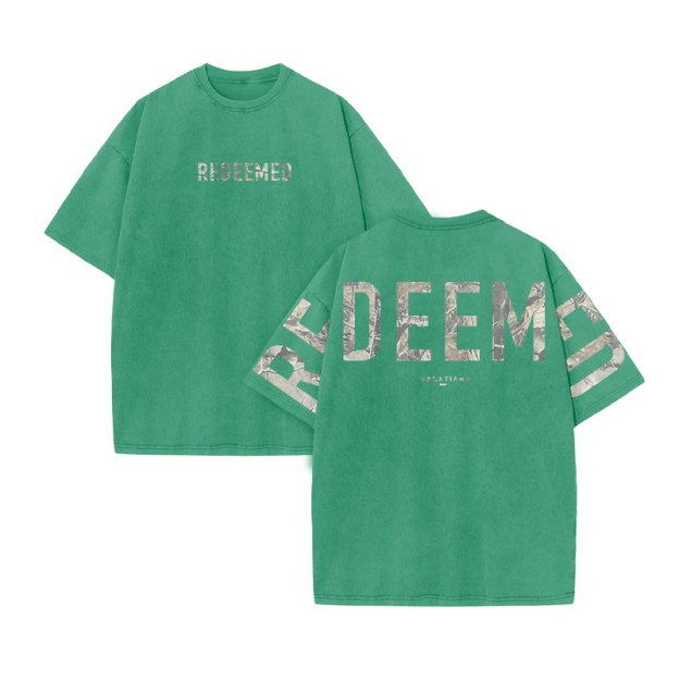 Redeemed Galatians 2:20 Dead Leaves Camouflage Print Acid Washed T-shirt - Green - US20-22(3XL) - image 7