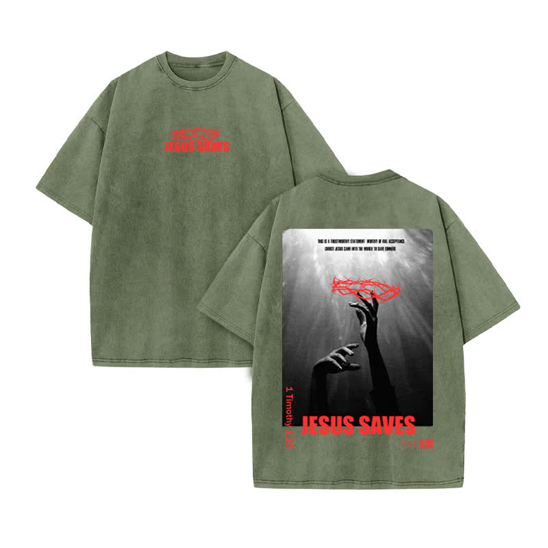 Unisex 100% Cotton Jesus Saves Print Acid Washed T-shirt - Army Green - US20-22(3XL) - image 6