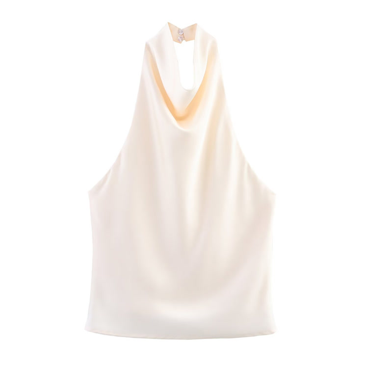 Solid Color Shiny Halter Off-shoulder Vest - Beige - US12(L) - image 9
