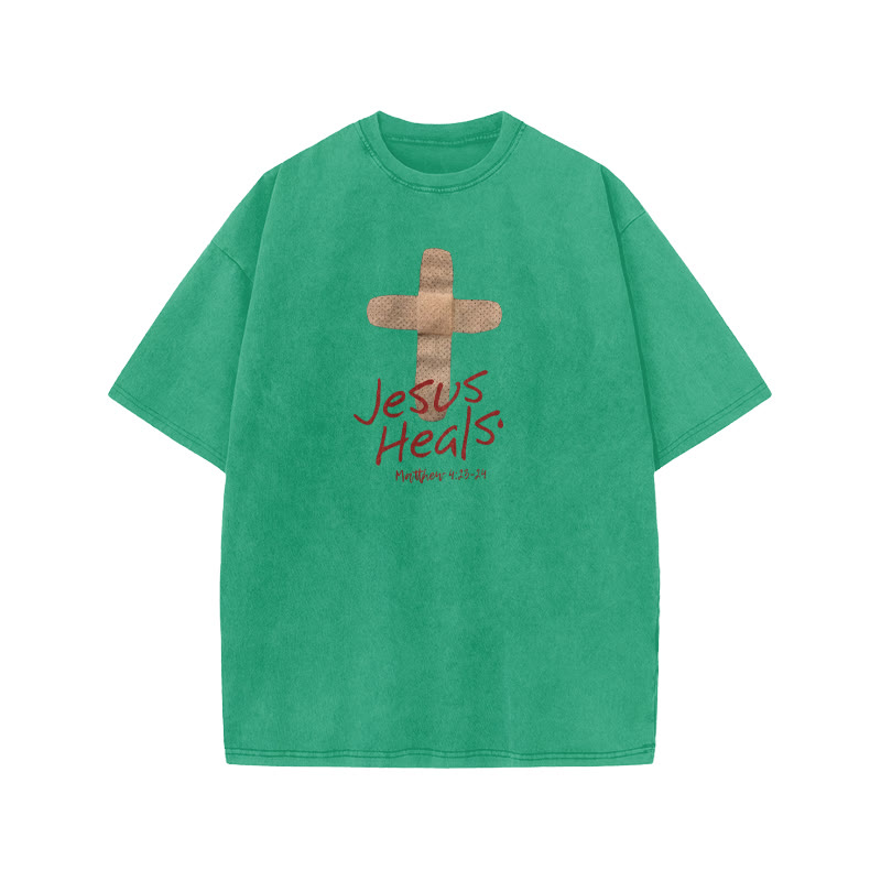 Unisex Cute Jesus Heals Matthew 4:23-24 Print Acid Washed T-shirt - Green - US20-22(3XL) - image 9