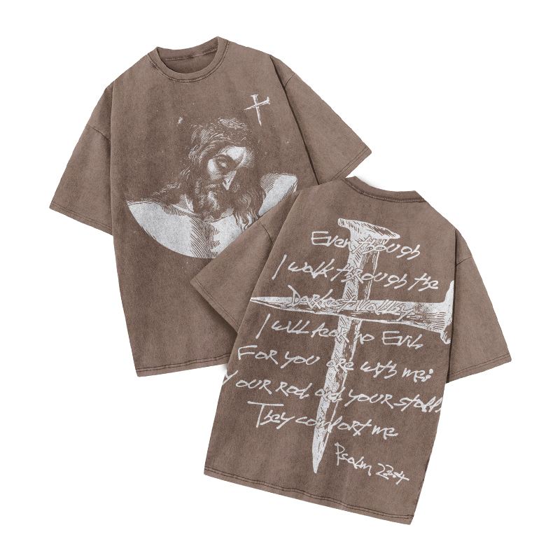 Psalm 23:4 Print Acid Washed T-shirt - Coffee - US20-22(3XL) - image 4