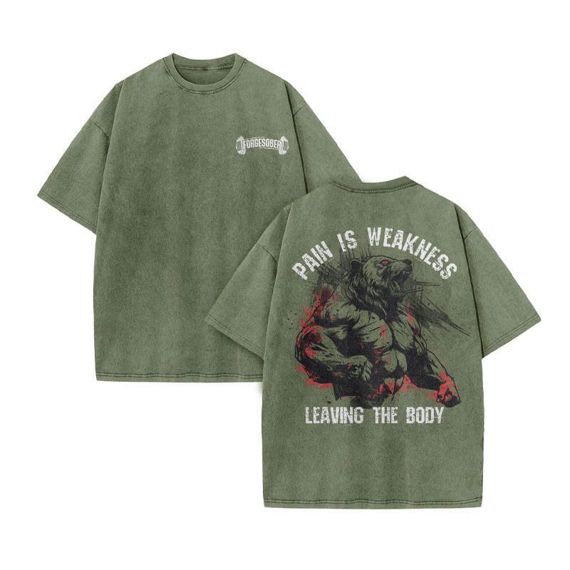 100% Cotton Pain Is  Weakness Leaving The Body Gym Print Acid Washed T-shirt - Army Green - US20-22(3XL) - image 8