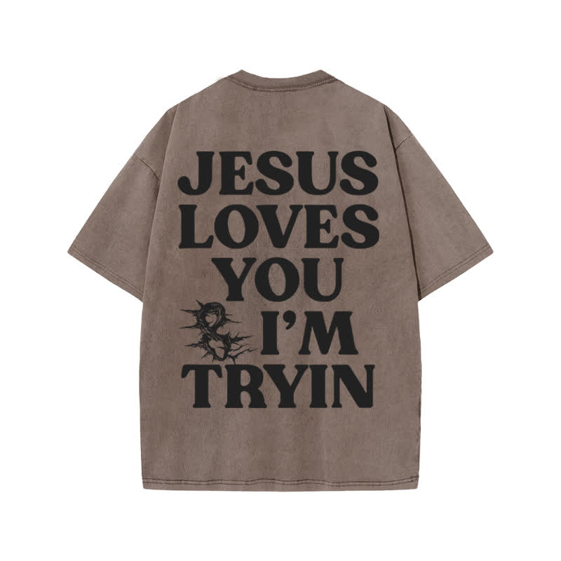 Unisex  Jesus Love You And I 'm Tryin Print Acid Washed T-shirt - Coffee - US20-22(3XL) - image 3