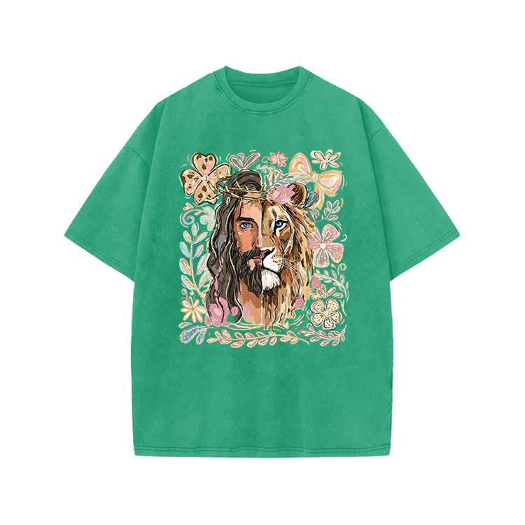 Vintage Lion Portrait Print Acid Washed T-shirt - Green - US20-22(3XL) - image 4