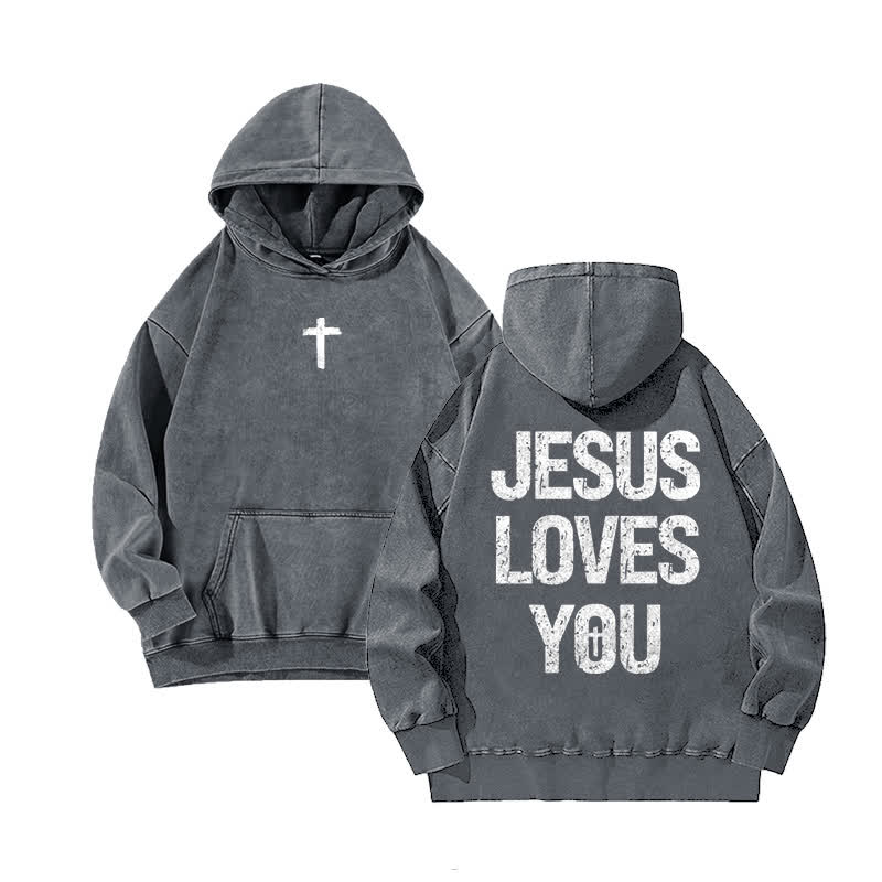 Unisex 100% Cotton Jesus Loves You Printed Washed Hoodie  - Grey - 3XL - image 3