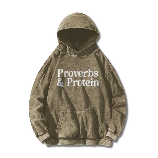 Proverbs & Protein Printed Washed Hoodie  - Khaki - US16-18(2XL) - image 5