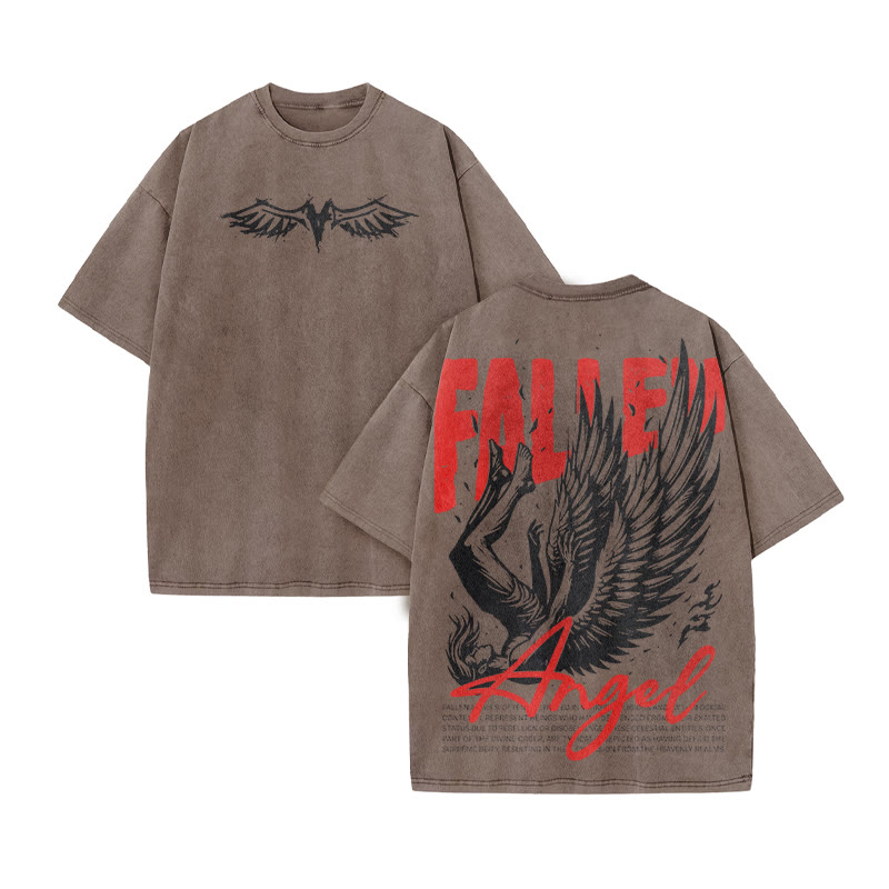 Fallen Angel Print Acid Washed T-shirt - Coffee - US20-22(3XL) - image 5