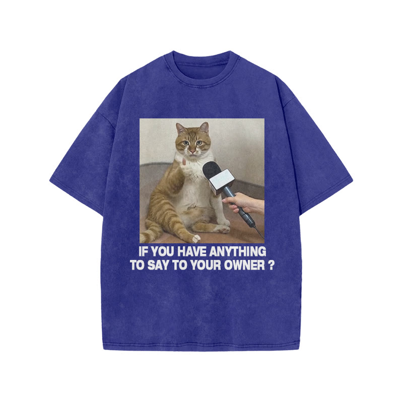 Unisex 100% Cotton Interviewed Cat Print Acid Washed T-shirt - Blue - US20-22(3XL) - image 7