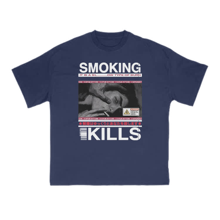 Smoking Kills Retro Manga Style Men Graphic Print T-Shirt - Navy Blue - US16-18(2XL) - image 4