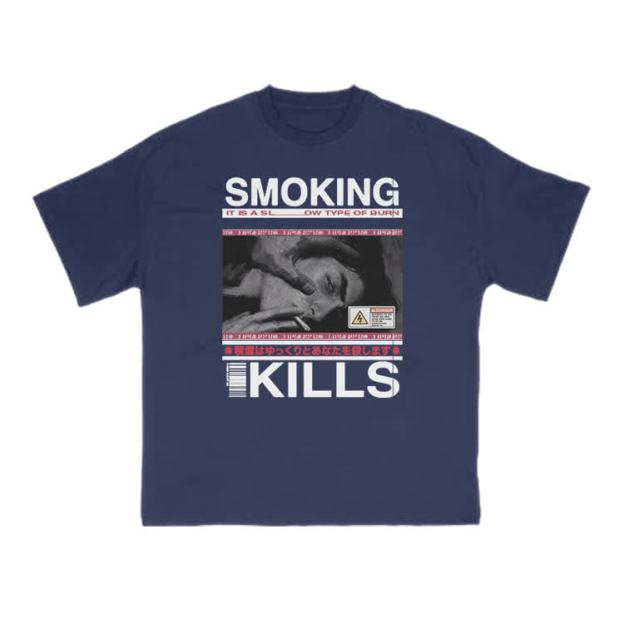 Smoking Kills Retro Manga Style Men Graphic Print T-Shirt - Navy Blue - US16-18(2XL) - image 4